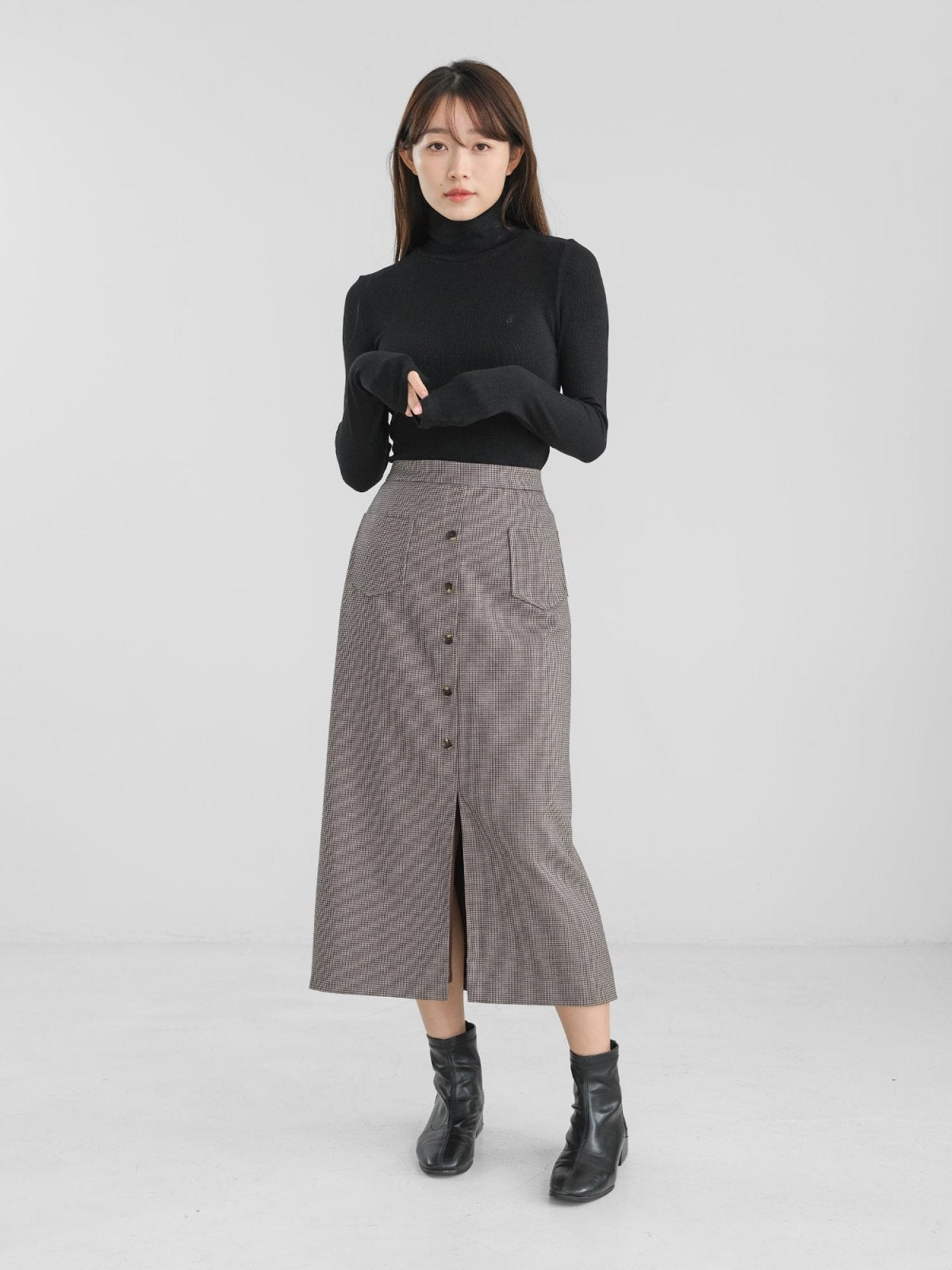 Valkyrie Buttoned Midi Skirt - DAG-DD1303-23DarkHoundtoothS - Dark Houndtooth - S - D'zage Designs