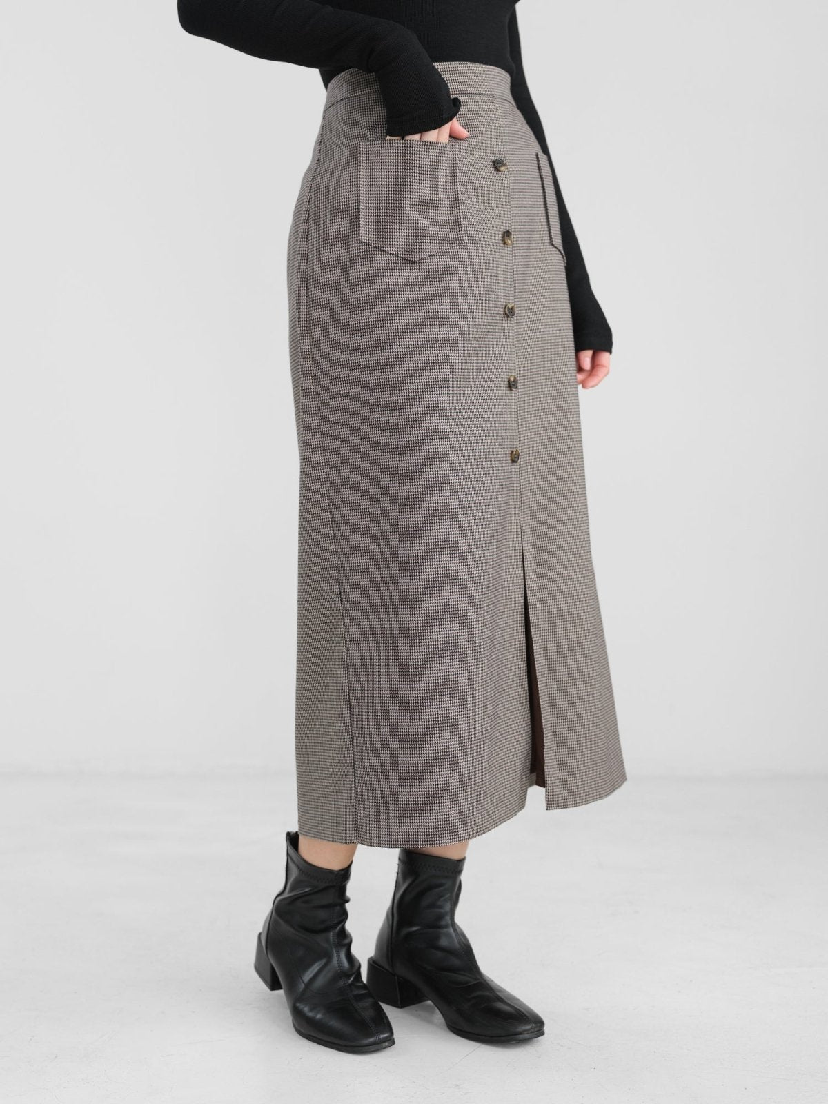 Valkyrie Buttoned Midi Skirt - DAG-DD1303-23DarkHoundtoothS - Dark Houndtooth - S - D'zage Designs