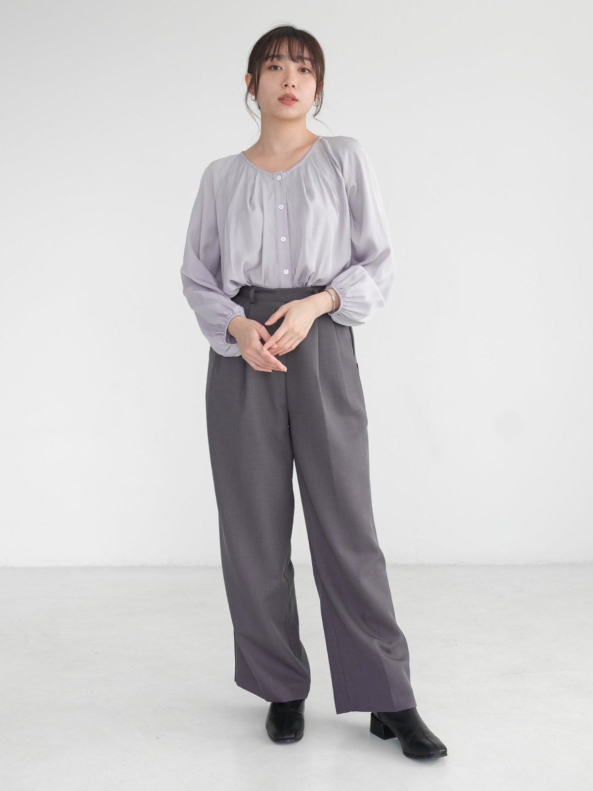 Parisa Pleated Long Sleeve Crop Top - DAG-DD1039-23LilacGrayS - Lilac Gray - S - D'zage Designs