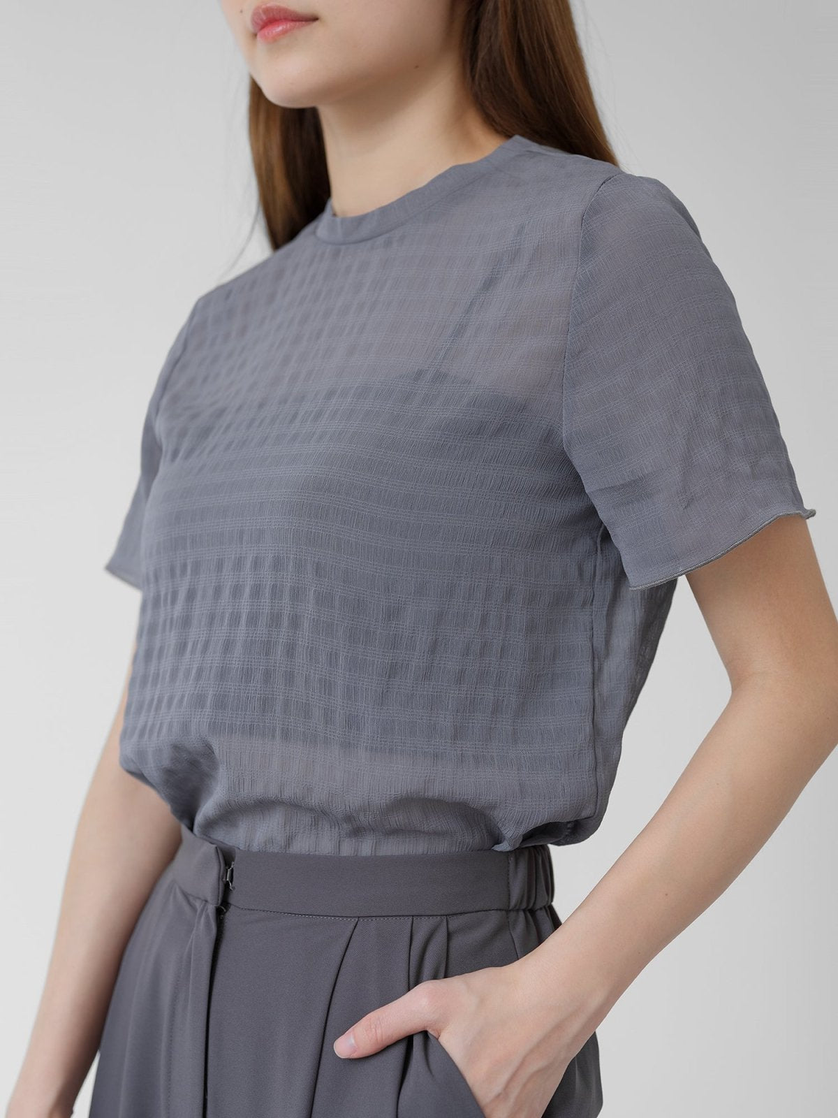 Shirring Tie Neck Top - DAG-DD1451-24SlateGrayS - Slate Gray - S - D'zage Designs