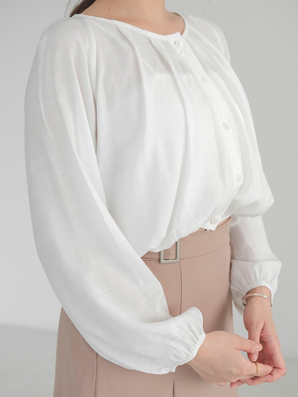 Parisa Pleated Long Sleeve Crop Top - DAG-DD1039-23IvoryS - Mochi Ivory - S - D'zage Designs