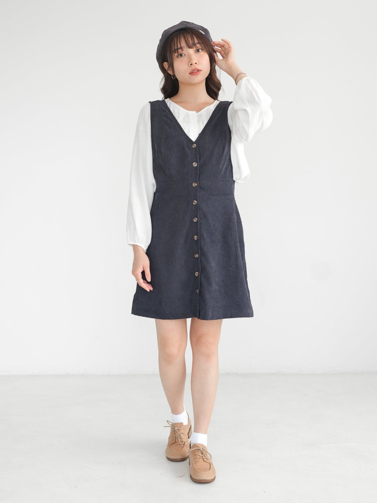 Marie Corduroy Buttoned Mini Dress - DAG-DD0072-22NavyS - Navy Blue - S - D'zage Designs