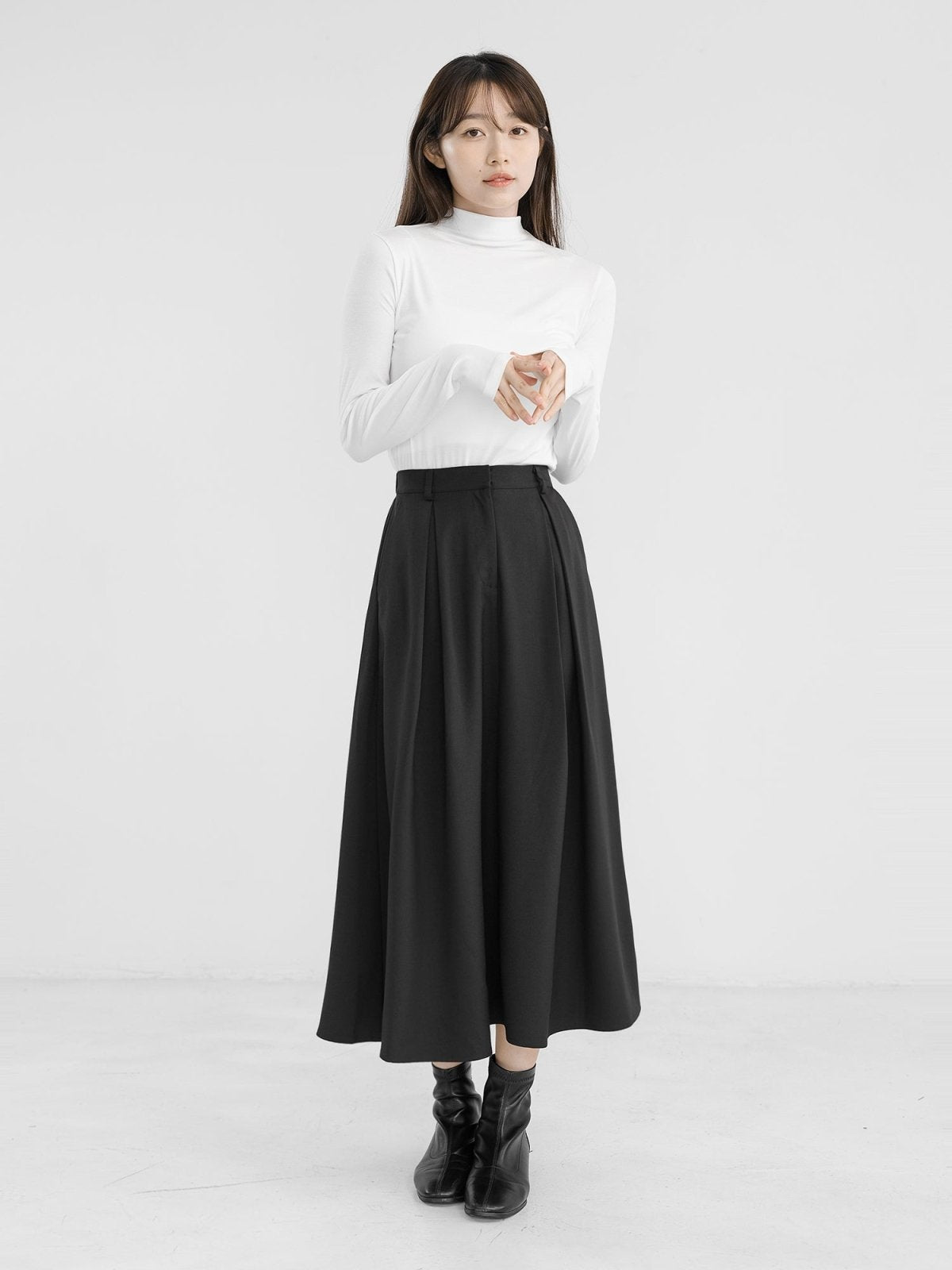 Myka Pleated Midi Skirt - DAG-DD1290-23BlackF - Black - F - D'zage Designs