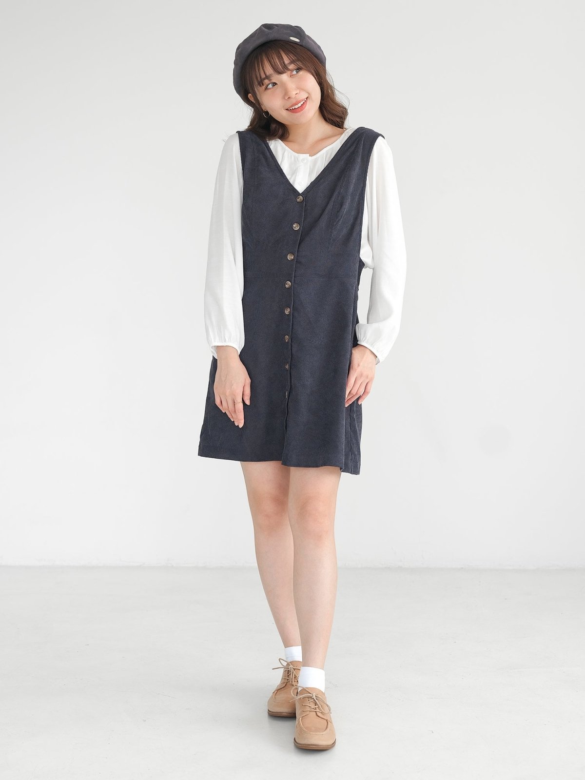 Marie Corduroy Buttoned Mini Dress - DAG-DD0072-22NavyS - Navy Blue - S - D'zage Designs