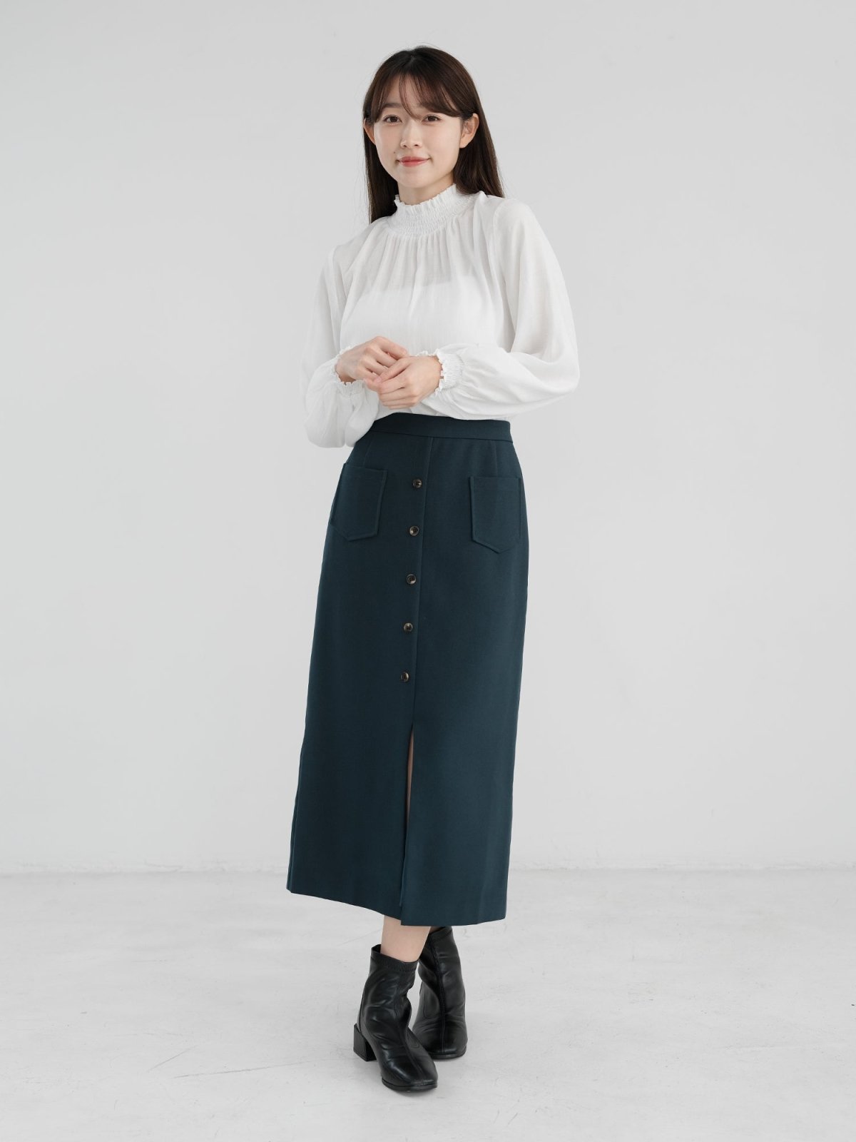 Valkyrie Buttoned Midi Skirt - DAG-DD1303-23NavyTealM - Navy Teal - M - D'zage Designs