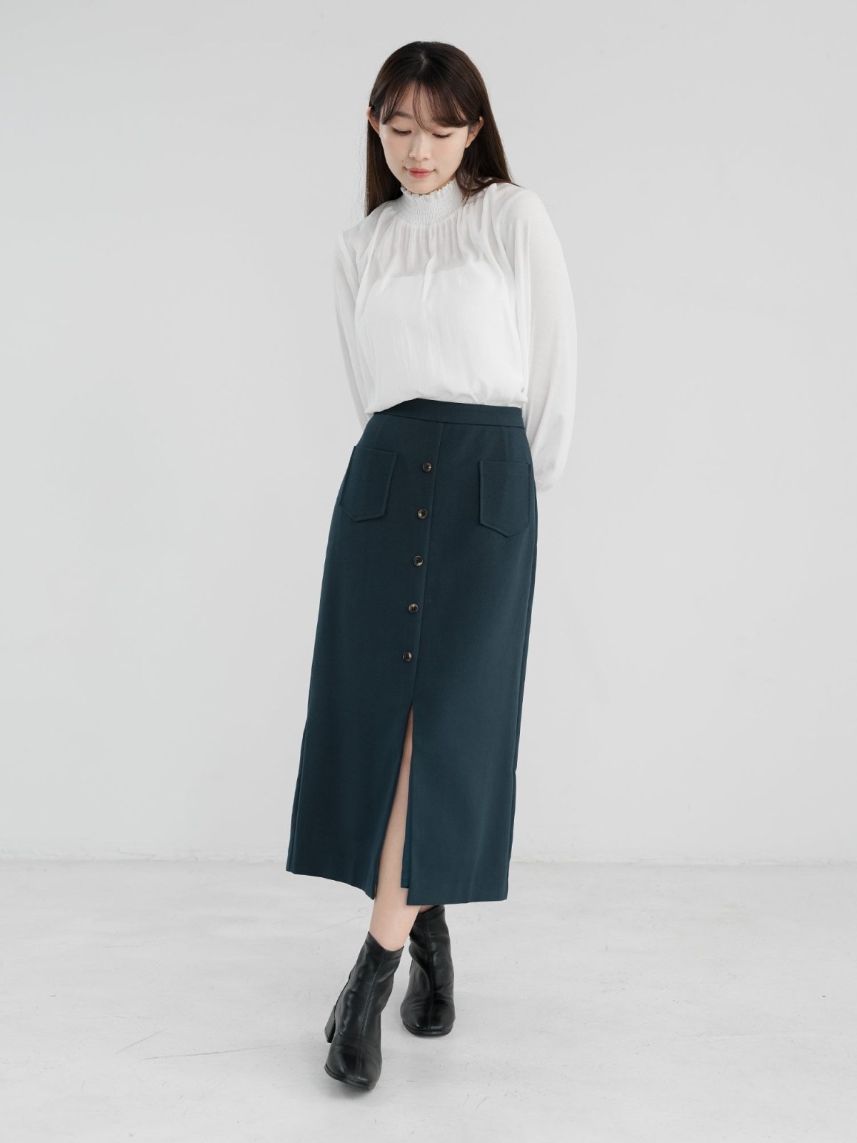 Valkyrie Buttoned Midi Skirt - DAG-DD1303-23NavyTealM - Navy Teal - M - D'zage Designs