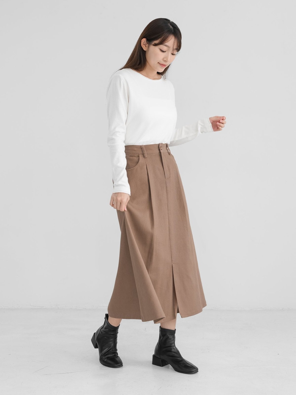 Maisy Front Slit Twill Skirt - DAG-DD1304-23BrownieS - Brownie - S - D'zage Designs