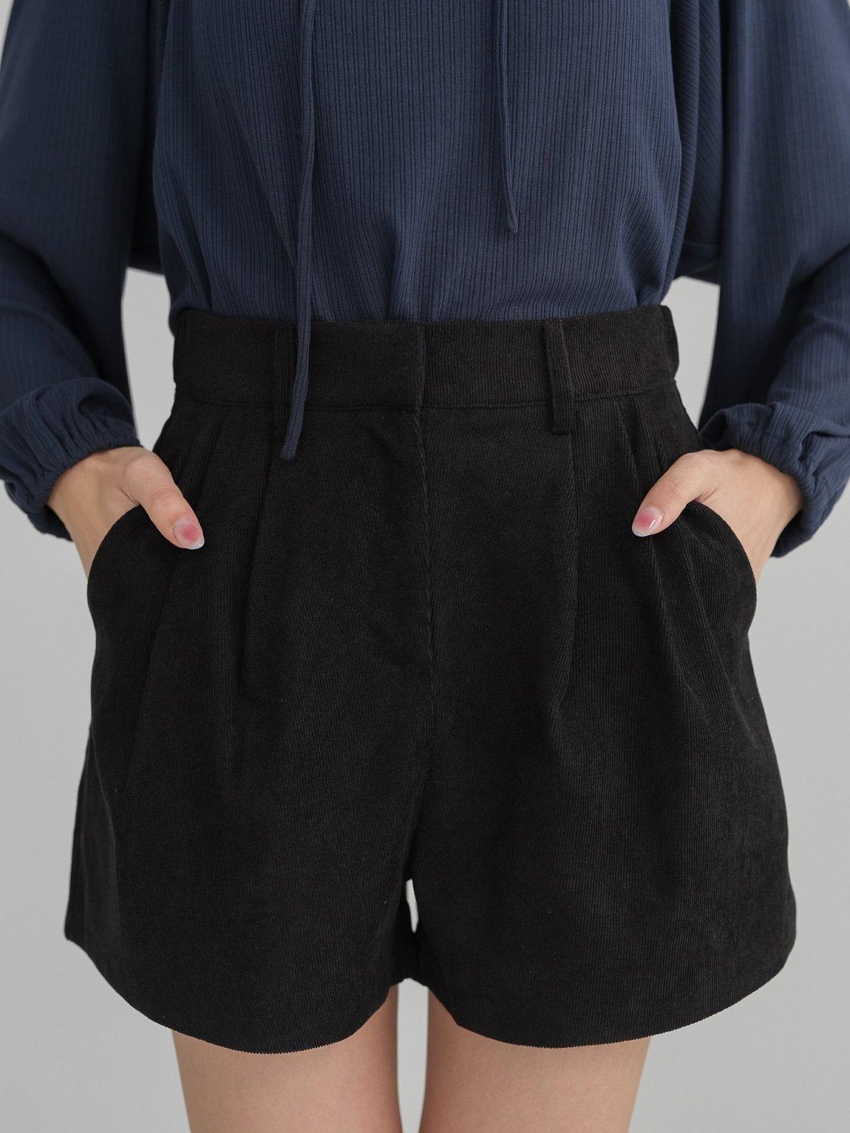 Corduroy Pleated Shorts - DAG-DD1385-24BlackS - Black - S - D'zage Designs