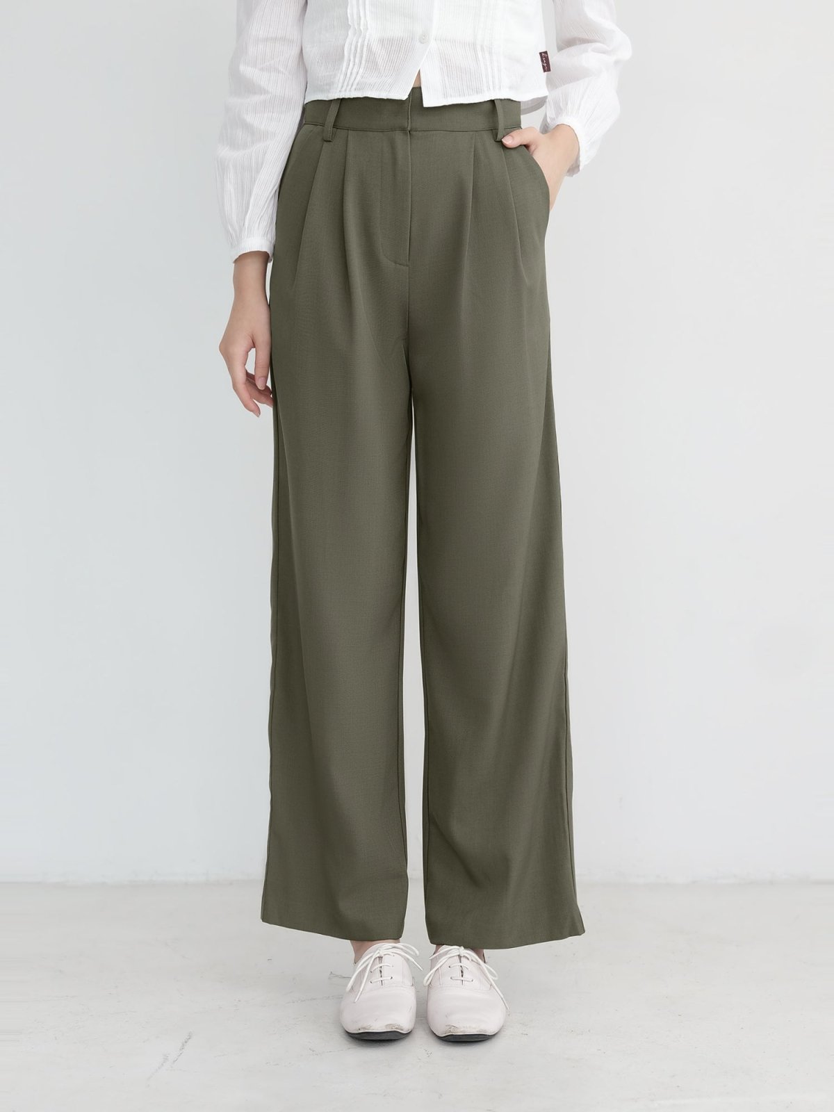 Artemis Belted Wide Leg Trousers (Long/ Short ver.) - DAG-DD1113-23OliveS - Olive Green - Long Ver. (101cm) - S - D'zage Designs