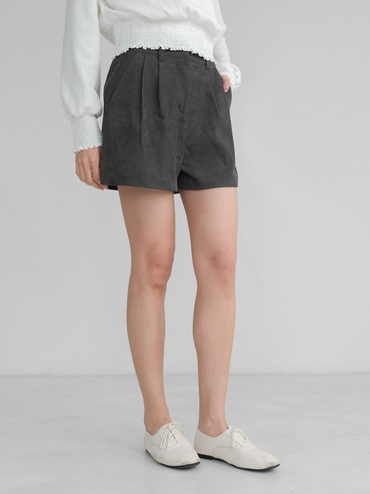 Corduroy Pleated Shorts - DAG-DD1385-24CharcoalS - Charcoal - S - D'zage Designs