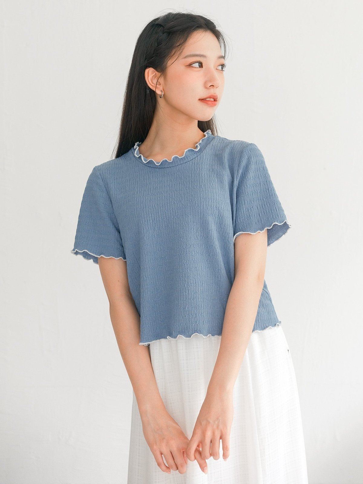 Eve Must-Have Wrinkle Ruffle Tee - DAG-DD0363-23BlueWhiteS - Blue With White Hem - S - D'ZAGE Designs