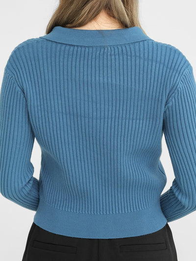 Halsey Collared Rib Knit Top - DAG-8-9646-22TealF - Bright Teal - F - D'zage Designs