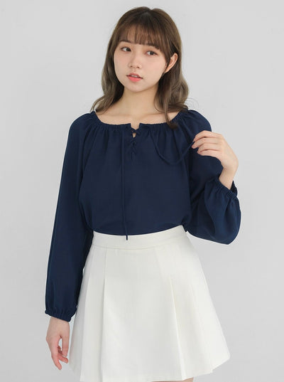 Nora Lace Up Long Sleeve Blouse - DAG-DD1270-23NavyF - Navy Blue - F - D'zage Designs