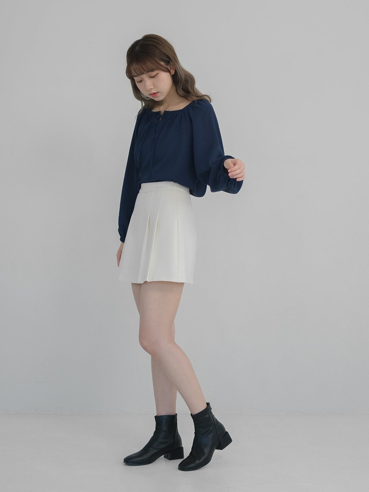 Nora Lace Up Long Sleeve Blouse - DAG-DD1270-23NavyF - Navy Blue - F - D'zage Designs