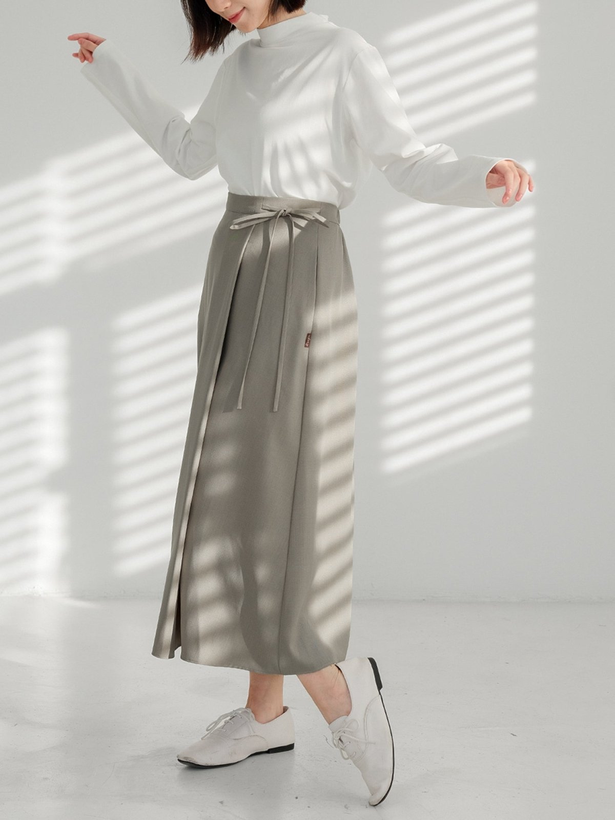 Joy Tie-detail Midi Skirt (Long/ Short ver.) - DAG-DD1081-23KhakiF - Khaki - Long (82cm) - D'zage Designs