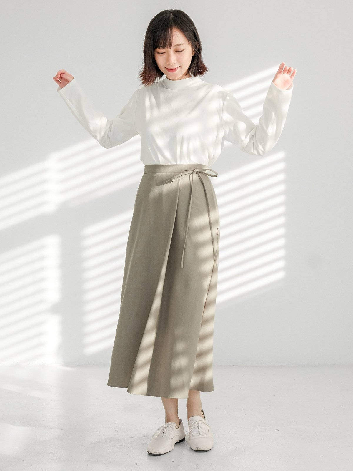 Joy Tie-detail Midi Skirt (Long/ Short ver.) - DAG-DD1081-23KhakiF - Khaki - Long (82cm) - D'zage Designs