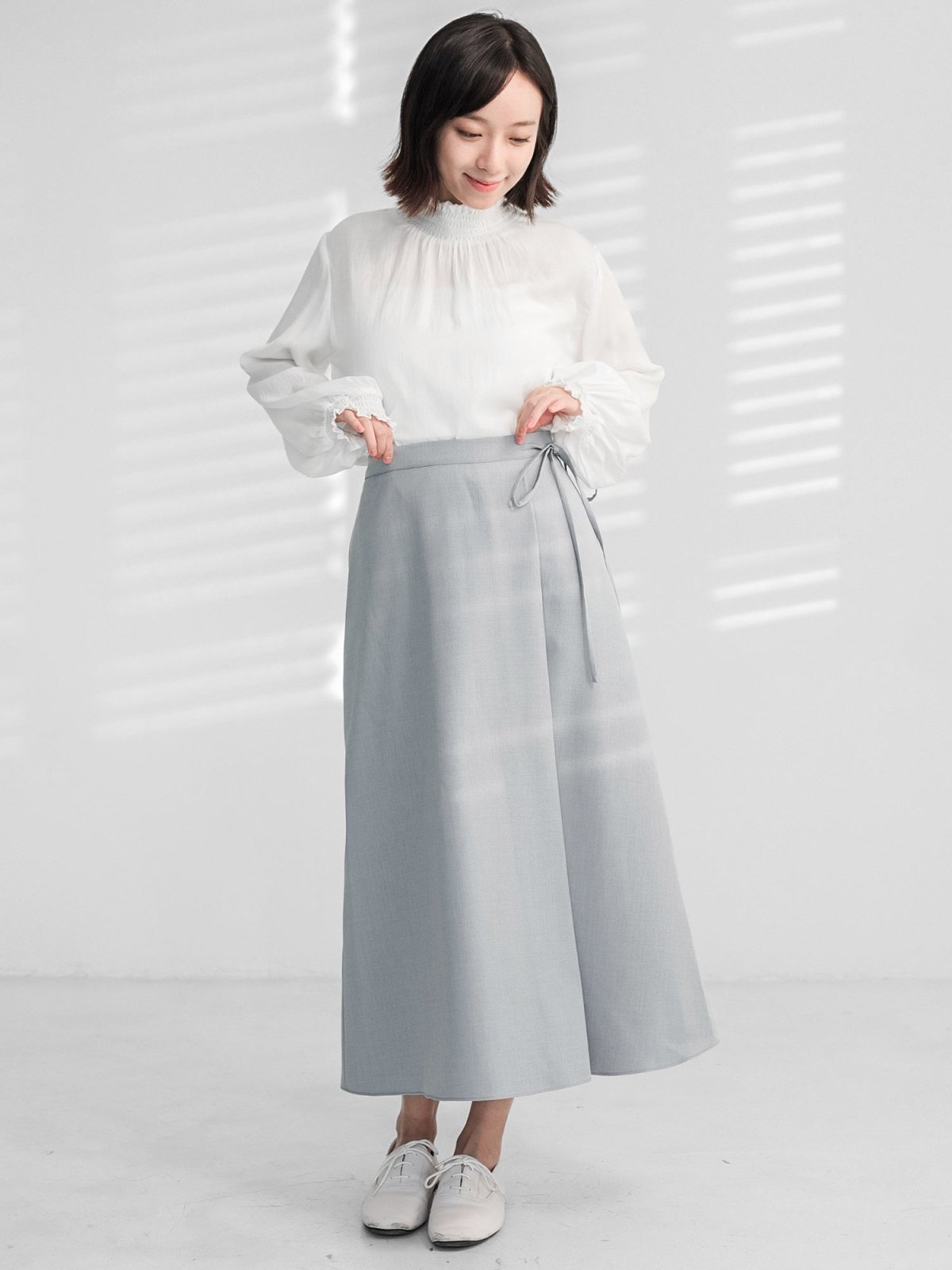 Joy Tie-detail Midi Skirt (Long/ Short ver.) - DAG-DD1081-23MistyBlueF - Misty Blue - Long (82cm) - D'zage Designs