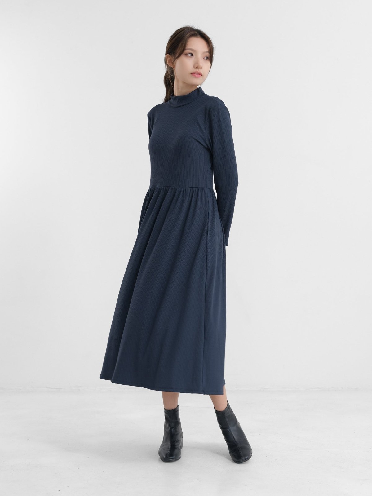 Melissa High Neck Midi Dress - DAG-DD1383-24NavyS - Navy Blue - S - D'zage Designs