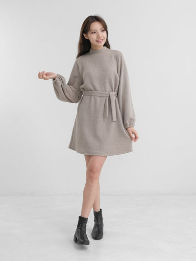 Hannah Belted Knit Mini Dress - DAG-DD1382-24BeigeF - Beige - F - D'zage Designs