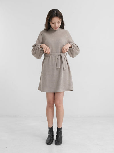 Hannah Belted Knit Mini Dress - DAG-DD1382-24BeigeF - Beige - F - D'zage Designs