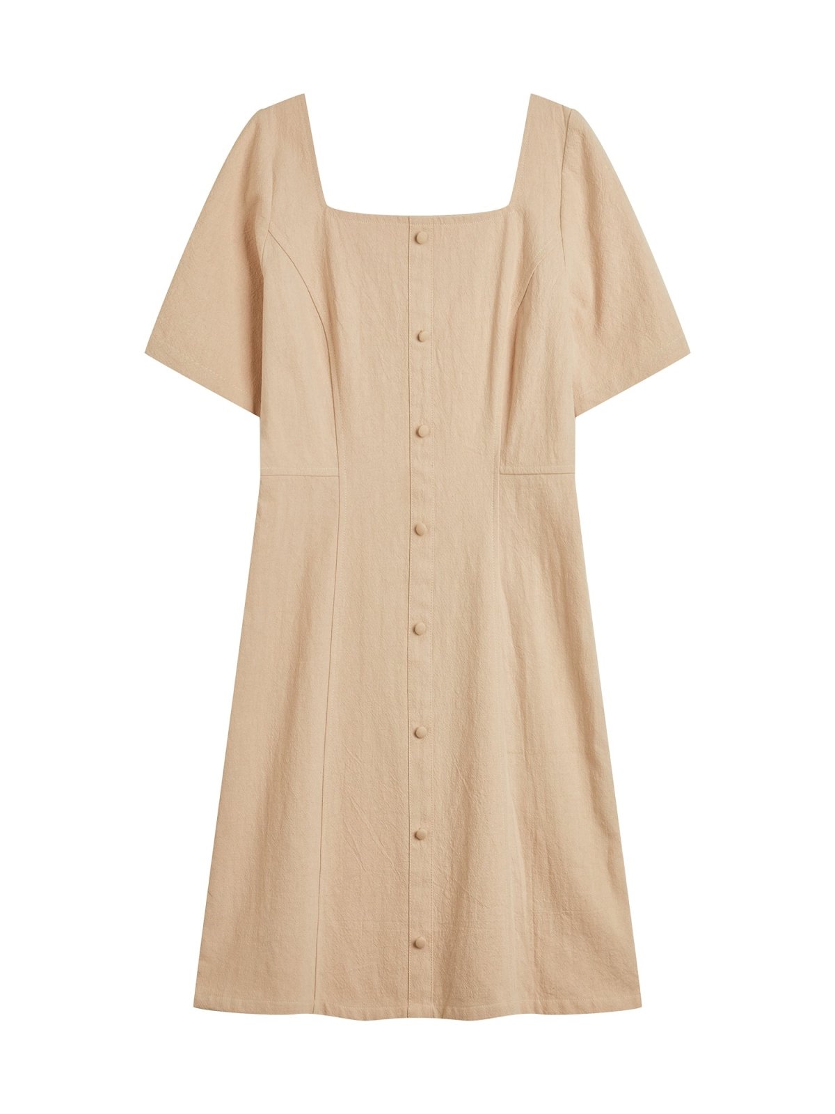 Square-Neck Button Front Mini Dress - DAG-DD9153-22AlmondCreamS - Beige - S - D'zage Designs