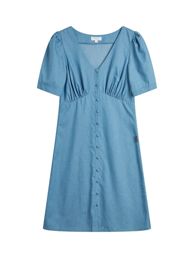 V-neck Pleated Mini Dress - DAG-DD9148-22LightDenimS - Baby Blue - S - D'zage Designs