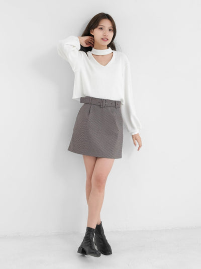 Belted Mini Skirt - DAG-DD1376-23DarkHoundtoothS - Dark Houndtooth - S - D'zage Designs