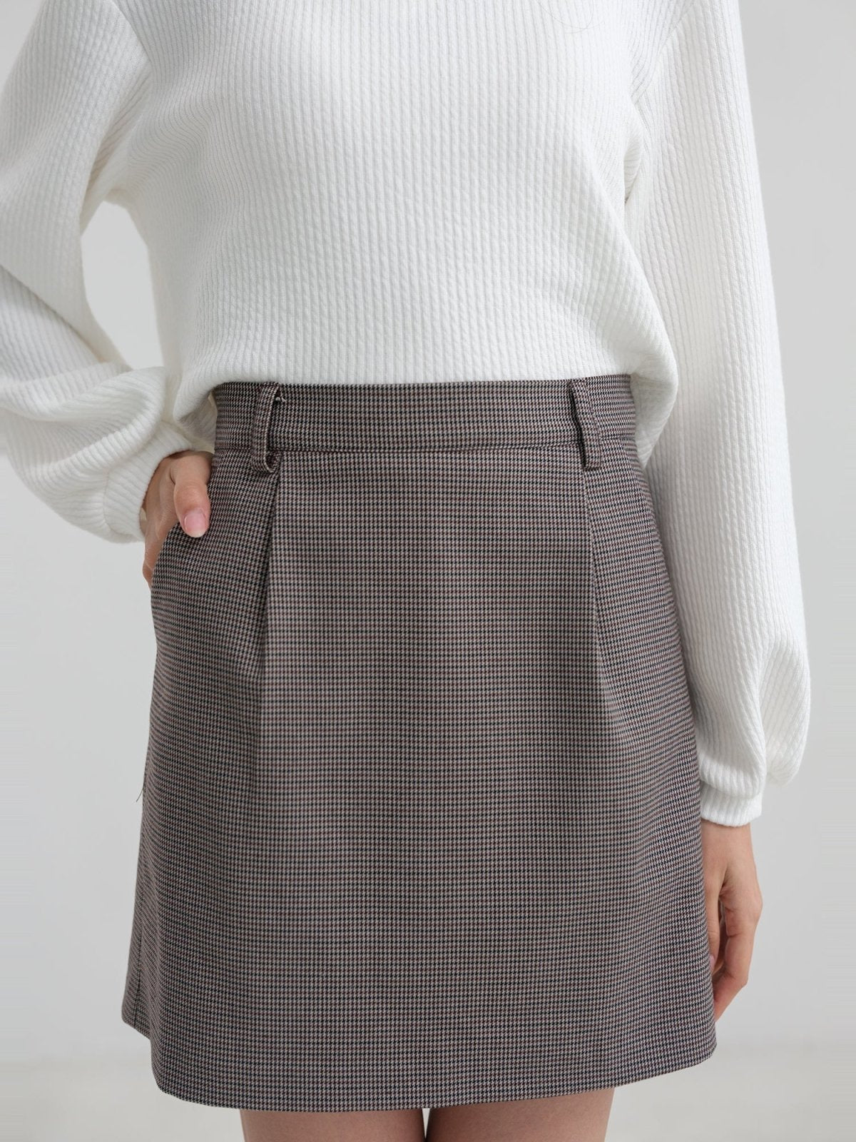 Belted Mini Skirt - DAG-DD1376-23DarkHoundtoothS - Dark Houndtooth - S - D'zage Designs