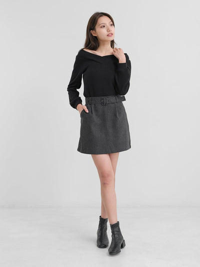 Belted Mini Skirt - DAG-DD1376-23CharcoalS - Charcoal - S - D'zage Designs