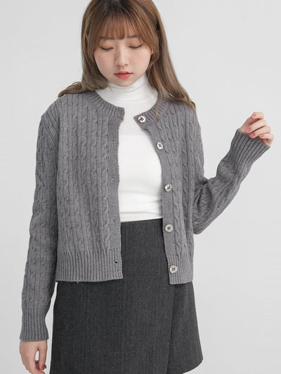 Camille Cable Knit Round Neck Cardigan - DAG-8-220202GrayF - Gray - F - D'zage Designs