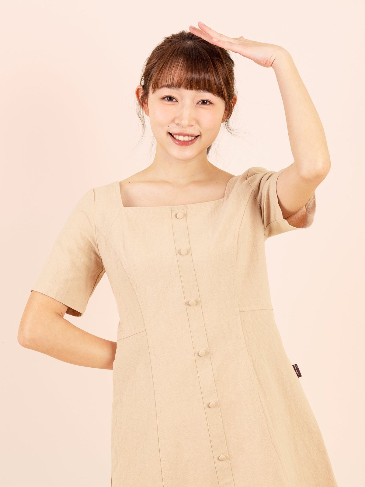 Square-Neck Button Front Mini Dress - DAG-DD9153-22AlmondCreamS - Beige - S - D'zage Designs