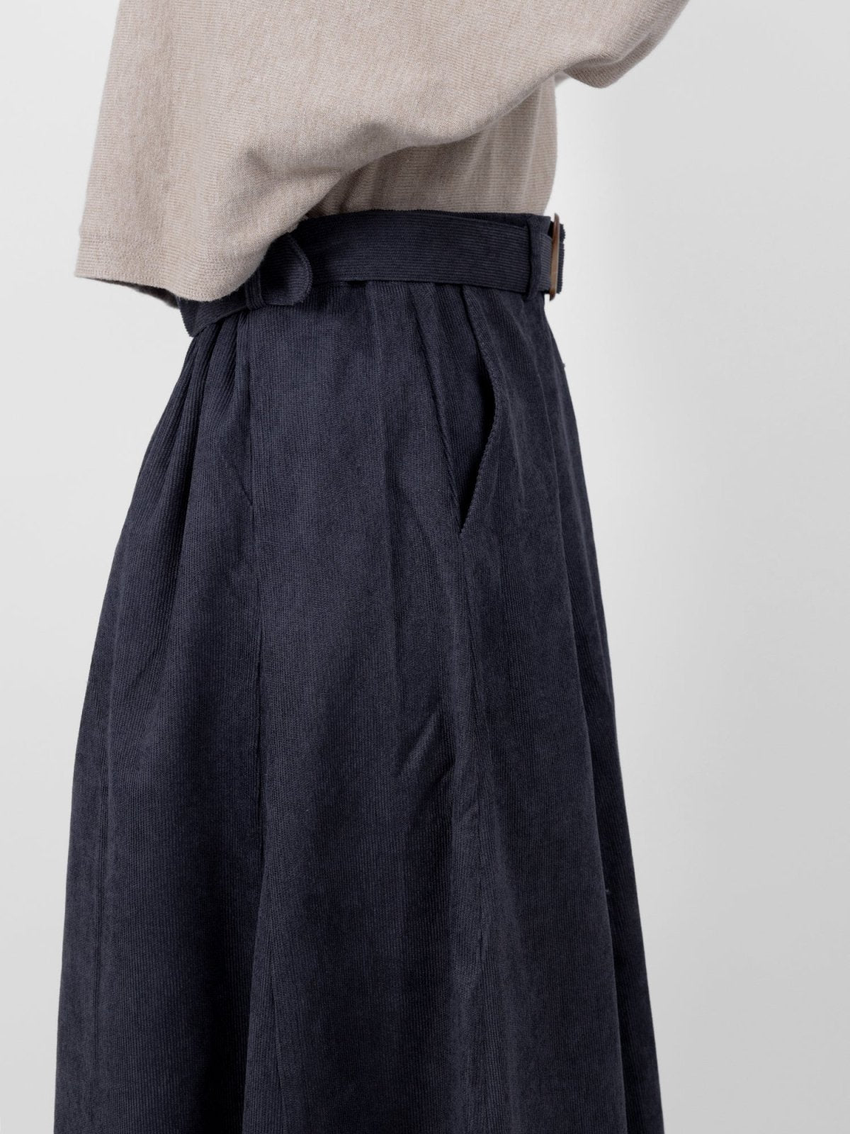 Serena Corduroy Belted Slit Front Skirt - DAG-DD9893-22NavyF - Navy Blue - F - D'zage Designs