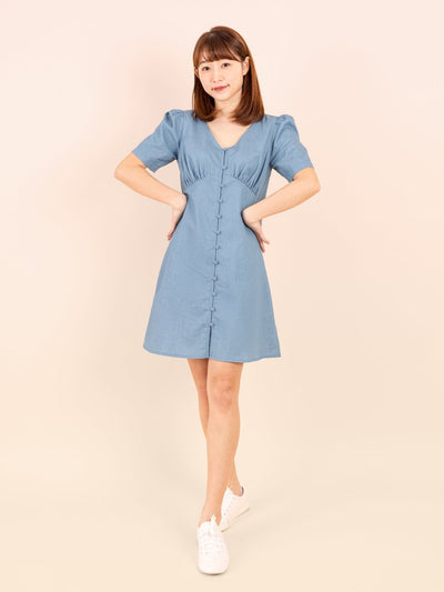 V-neck Pleated Mini Dress - DAG-DD9148-22LightDenimS - Baby Blue - S - D'zage Designs