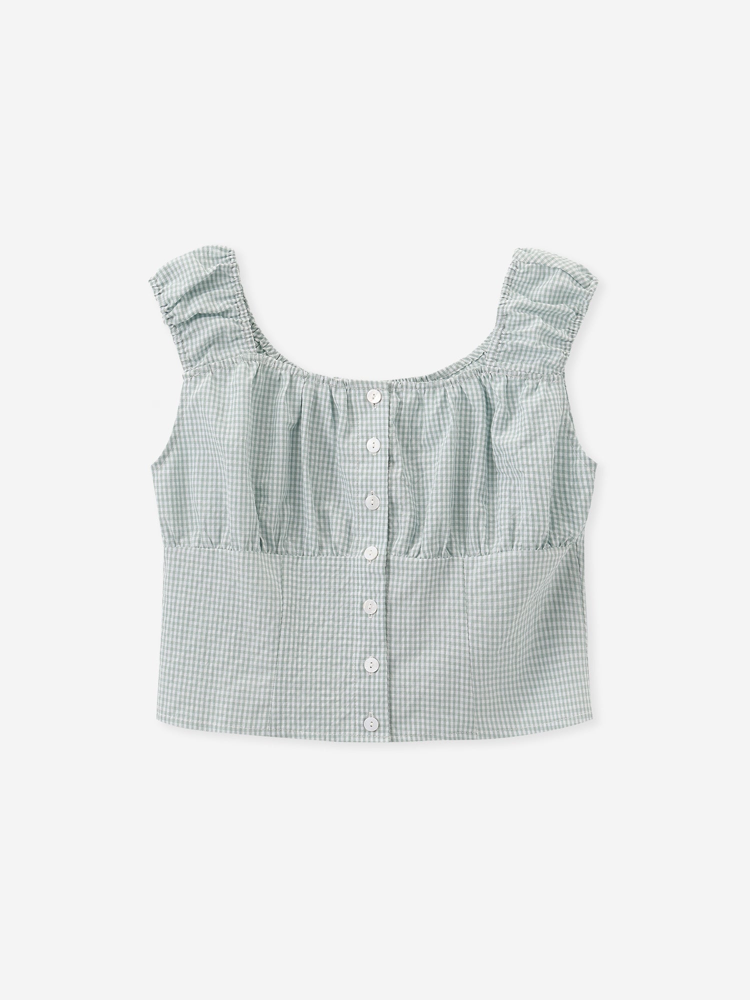 Gathered Buttoned Checker Top