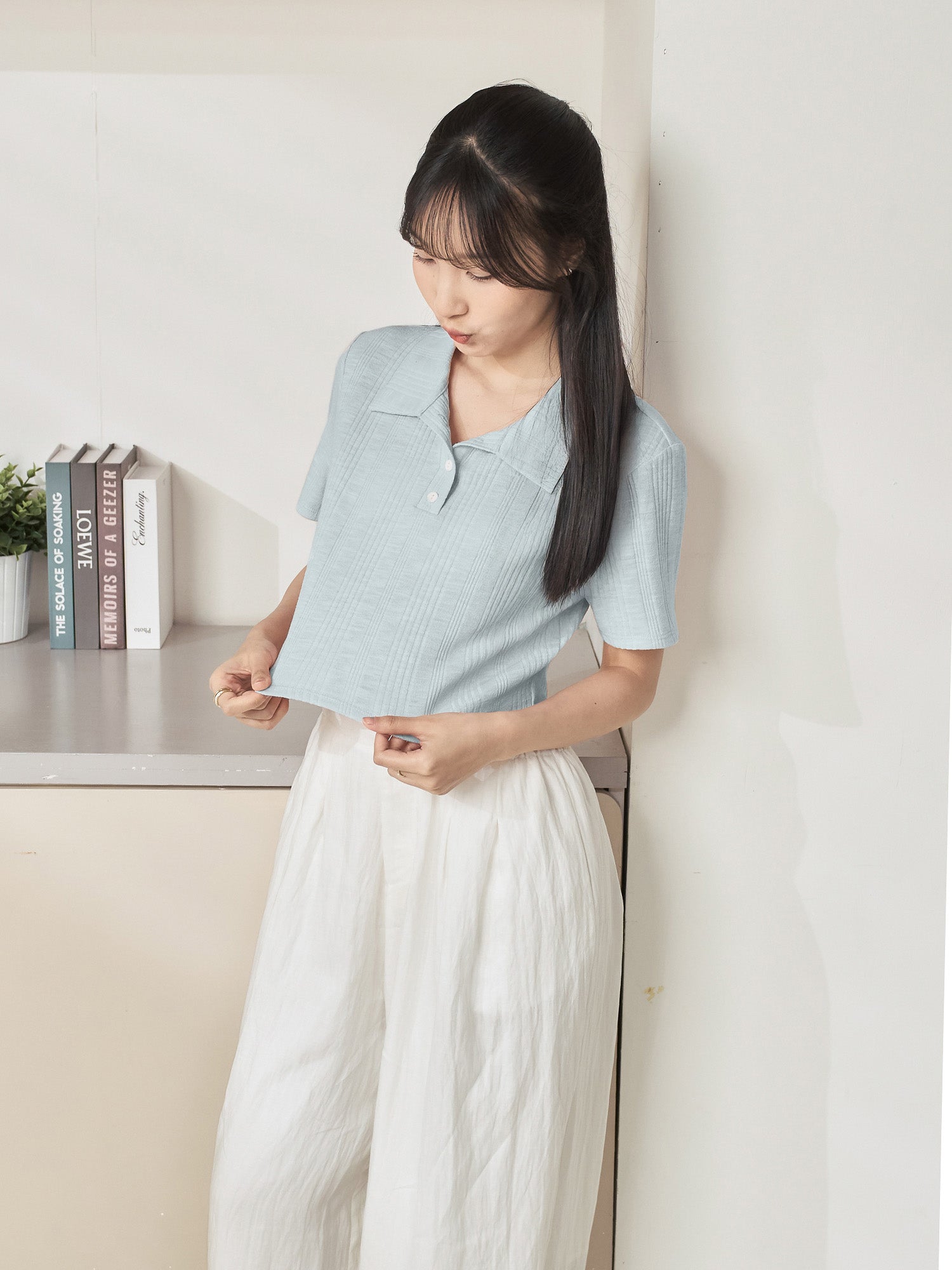 Knit-Blend Cropped Polo Top