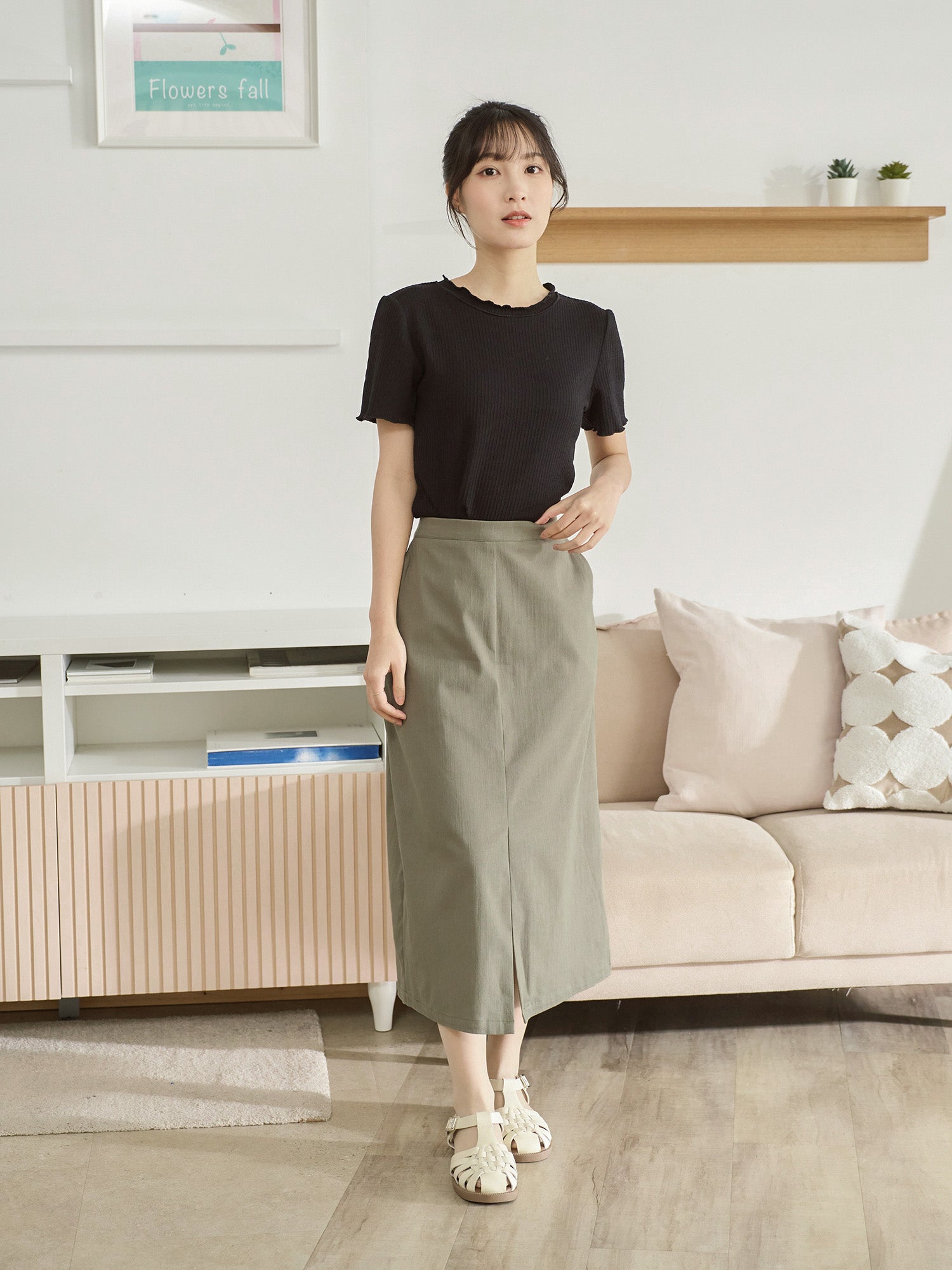 高腰前開衩半身裙