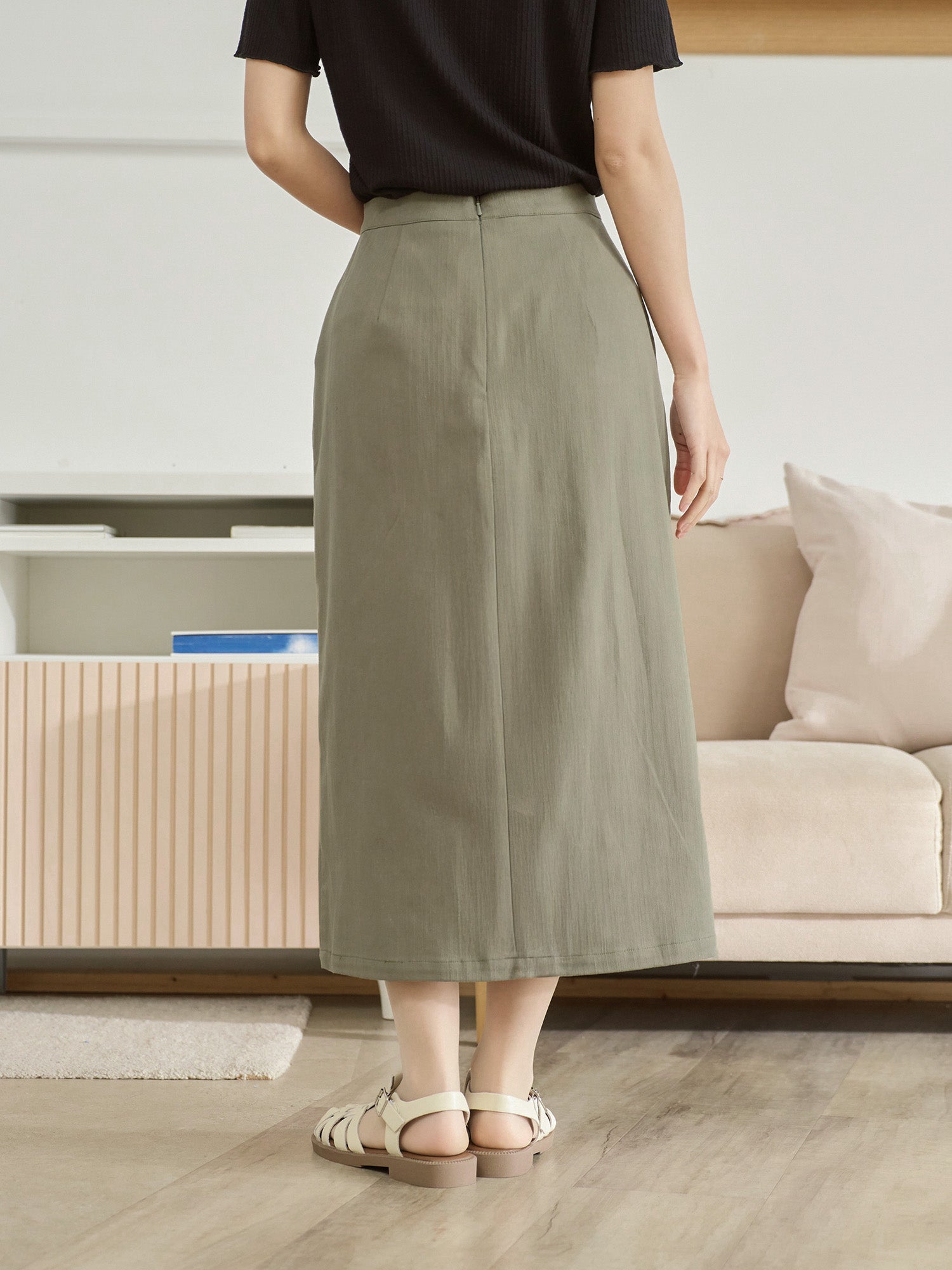 高腰前開衩半身裙