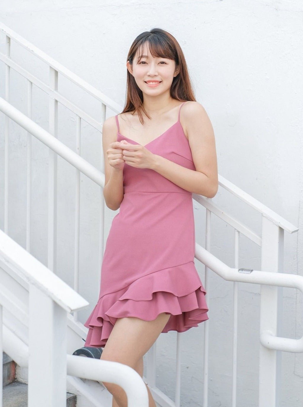 Short V-Neck Frilled Dress ROSEWOOD - DAG-DD7866-21RosewoodS - Pink - S - D'zage Designs