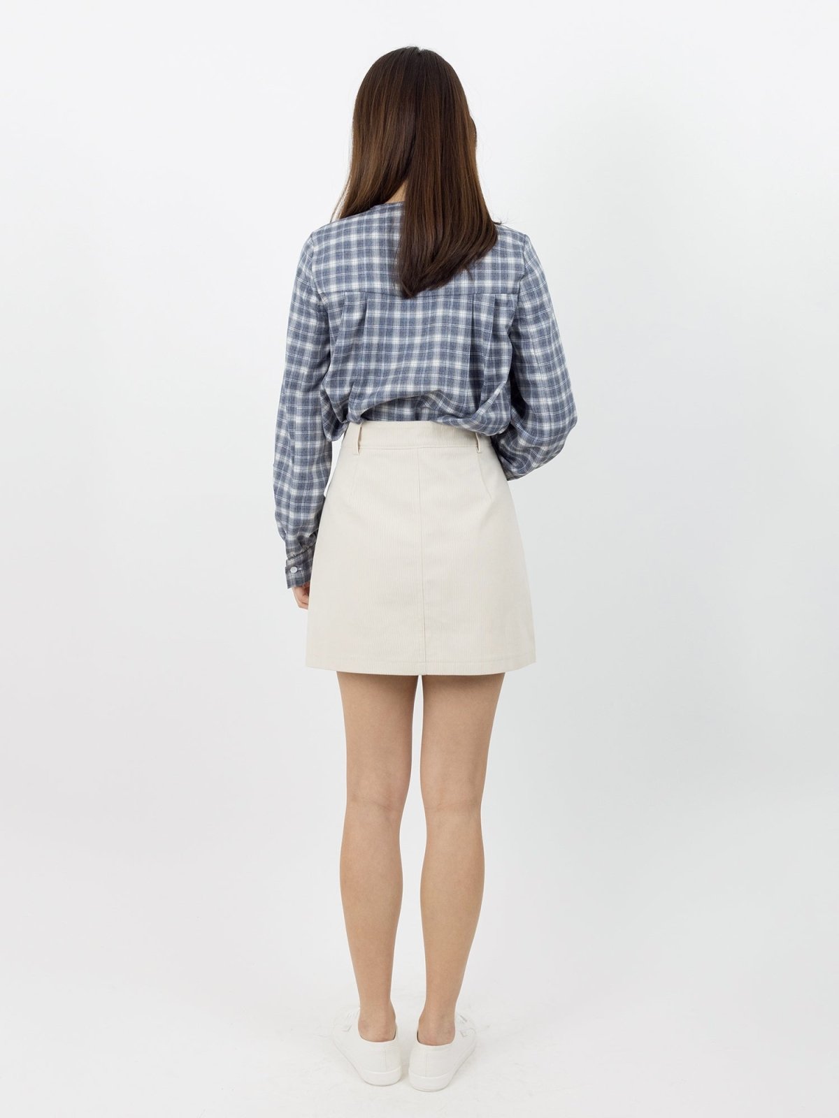 Aria V-neck Plaid Pleated Top - DAG-DD0073-22BluePlaidF - Navy Blue - F - D'ZAGE Designs