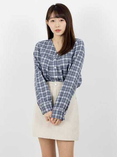 Aria V-neck Plaid Pleated Top - DAG-DD0073-22BluePlaidF - Navy Blue - F - D'ZAGE Designs