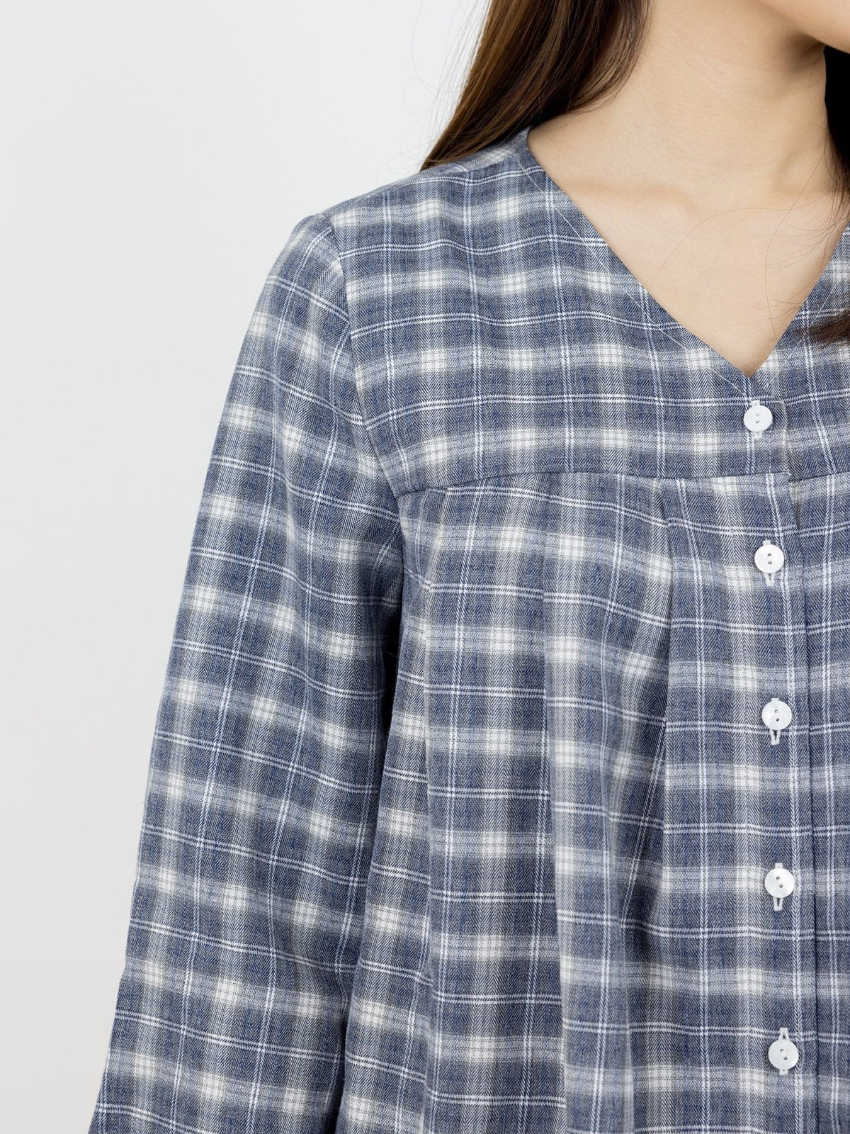 Aria V-neck Plaid Pleated Top - DAG-DD0073-22BluePlaidF - Navy Blue - F - D'ZAGE Designs