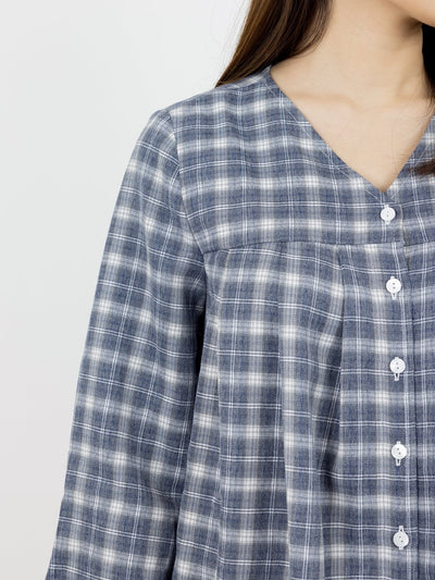 Aria V-neck Plaid Pleated Top - DAG-DD0073-22BluePlaidF - Navy Blue - F - D'ZAGE Designs