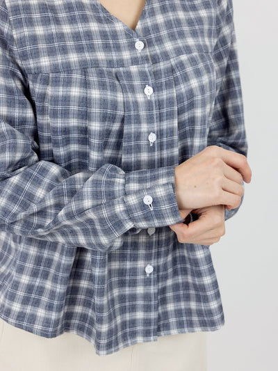 Aria V-neck Plaid Pleated Top - DAG-DD0073-22BluePlaidF - Navy Blue - F - D'ZAGE Designs