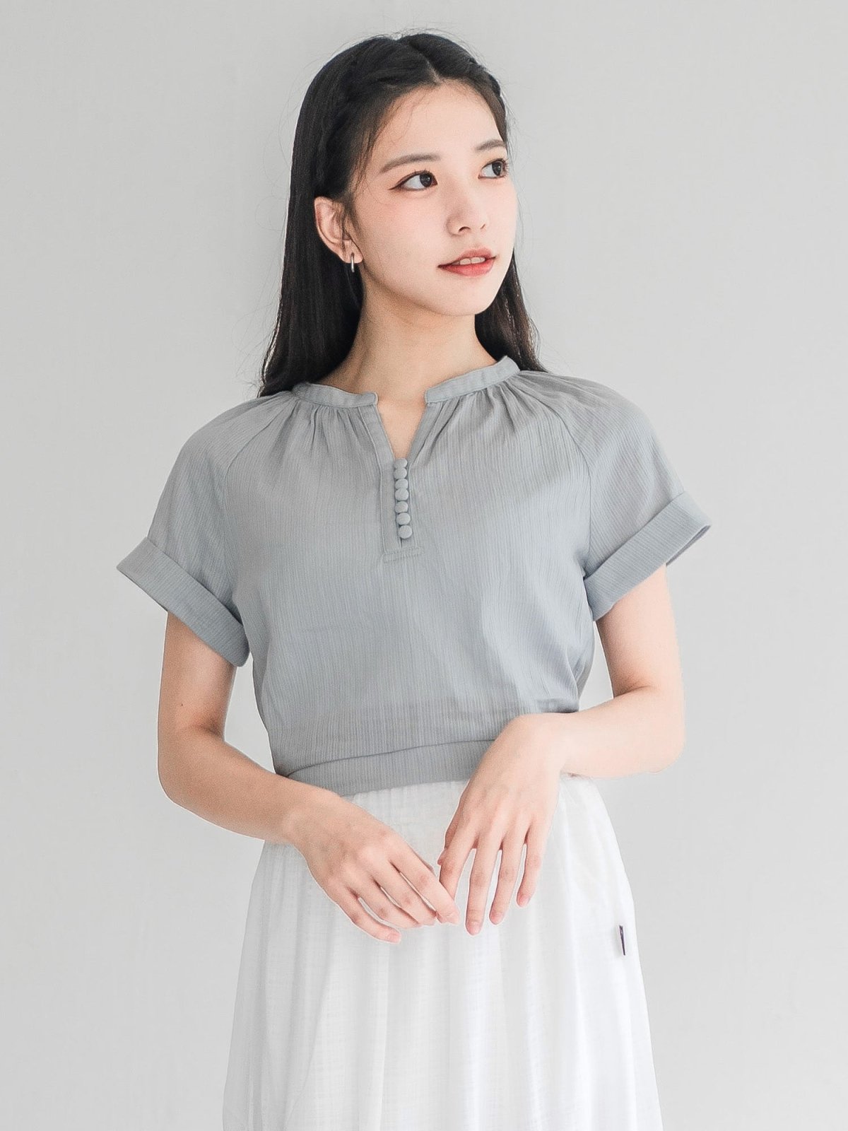 Perlin Buttoned Crop Blouse - DAG-DD0406-23StoneBlueS - Stone Blue - S - D'ZAGE Designs