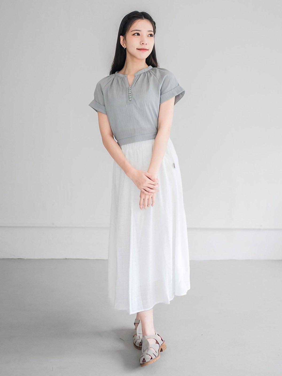 Perlin Buttoned Crop Blouse - DAG-DD0406-23StoneBlueS - Stone Blue - S - D'ZAGE Designs