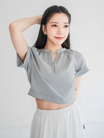 Perlin Buttoned Crop Blouse - DAG-DD0406-23StoneBlueS - Stone Blue - S - D'ZAGE Designs