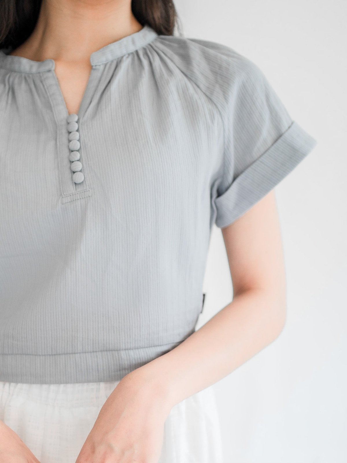 Perlin Buttoned Crop Blouse - DAG-DD0406-23StoneBlueS - Stone Blue - S - D'ZAGE Designs