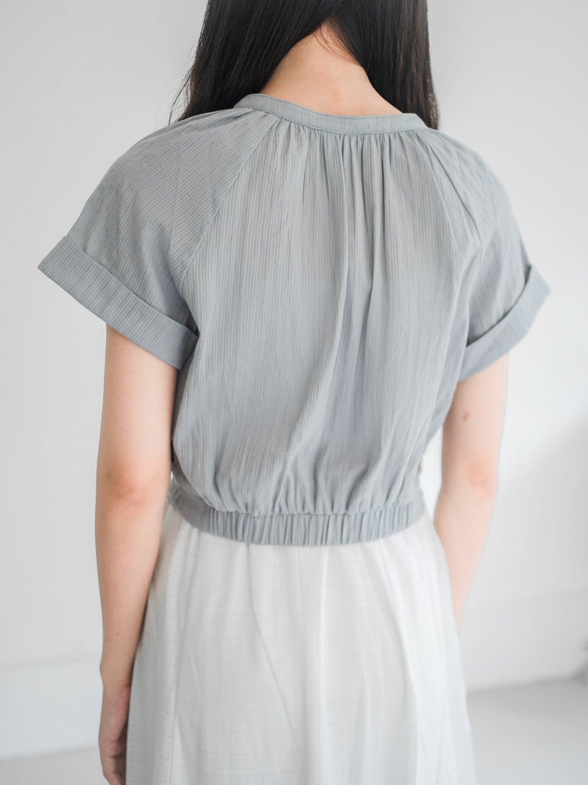 Perlin Buttoned Crop Blouse - DAG-DD0406-23StoneBlueS - Stone Blue - S - D'ZAGE Designs