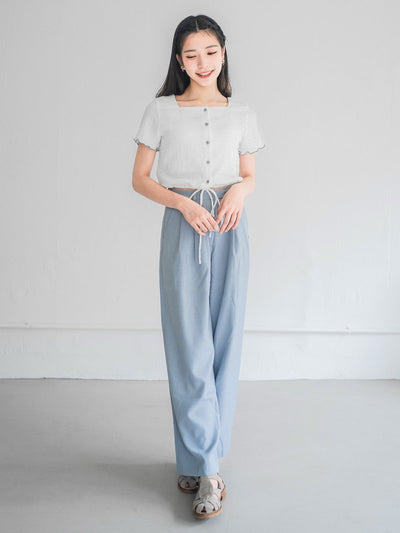 Moon Square Neck Wrinkle Top - DAG-DD0413-23IvoryS - White With Blue Hem - S - D'ZAGE Designs