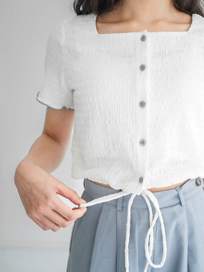 Moon Square Neck Wrinkle Top - DAG-DD0413-23IvoryS - White With Blue Hem - S - D'ZAGE Designs